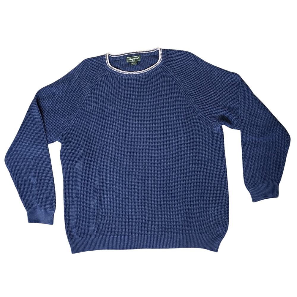 Vtg 90’s Eddie Bauer Fisherman Sz XL Waffle Weave Blue Wht Trim LS Crew Neck